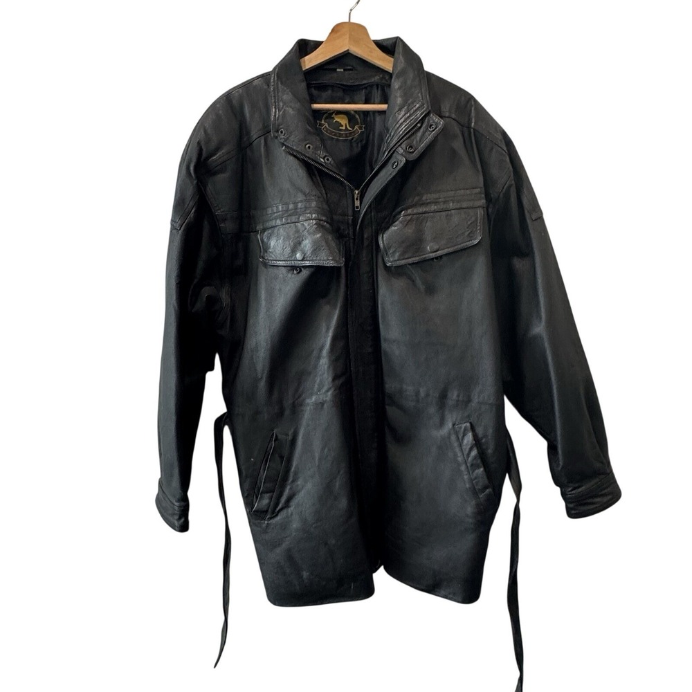 Black Leather Belted Longline Coat Women L Oversized Moto Mob Wife‎ Jacket